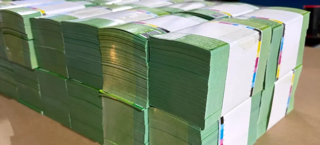 Pilhas de rótulos em papel couchê 70 g com corte reto, cintados e empilhados sobre a bancada da produção da iGráfica